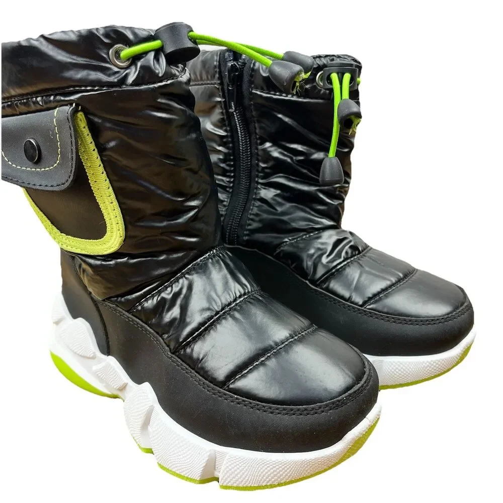 Kids Snow Boots Black Neon Green Insulated Waterproof Zip US 12 Toddler